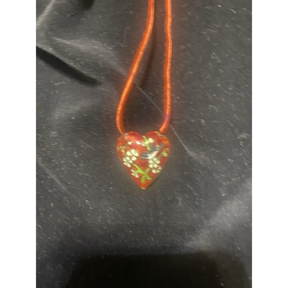 Red Enameled Heart With Painted Bird On Silk Adjustable Necklace
